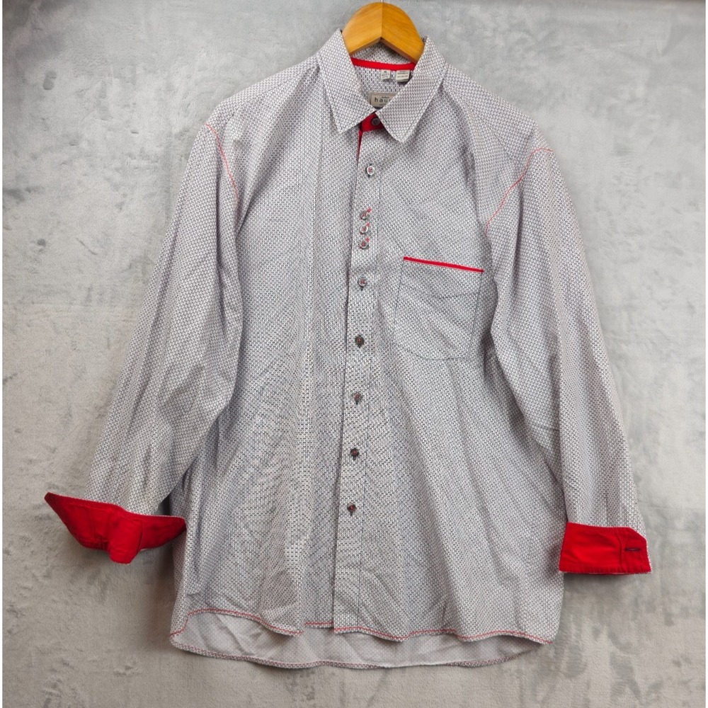Haupt 1926 Mens XL Gray Geomentric‎ Print Collared Shirt Long Sleeves Red Detail